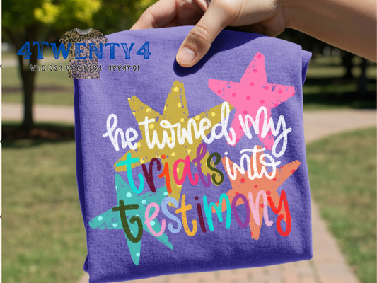Trials Into Testimony T-Shirt | Maximalist Rainbow Star Graphic | Aesthetic Christian Boutique Shirt | Faith Apparel