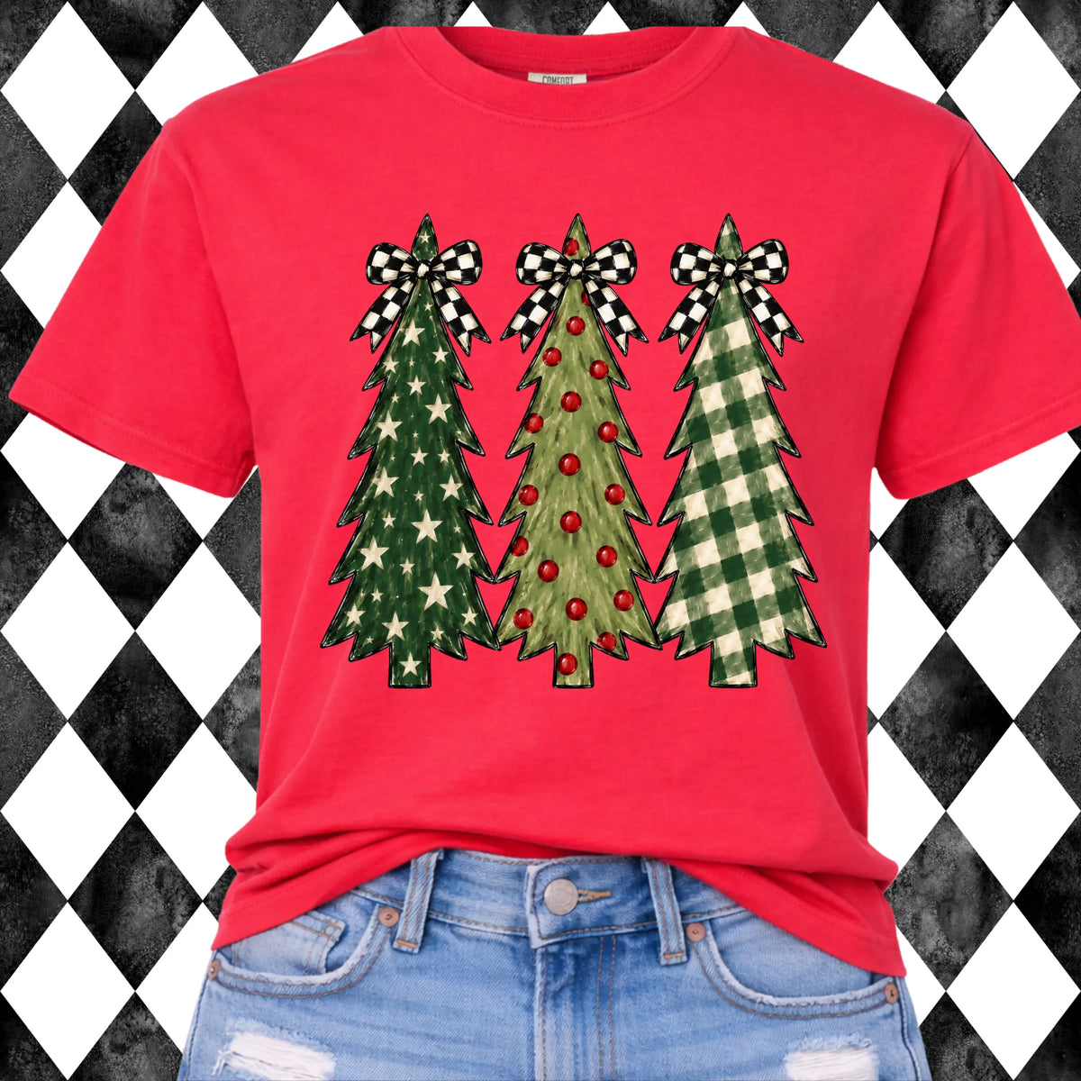 Checkered Bow Christmas Trees t-shirt - Comfort Colors Red