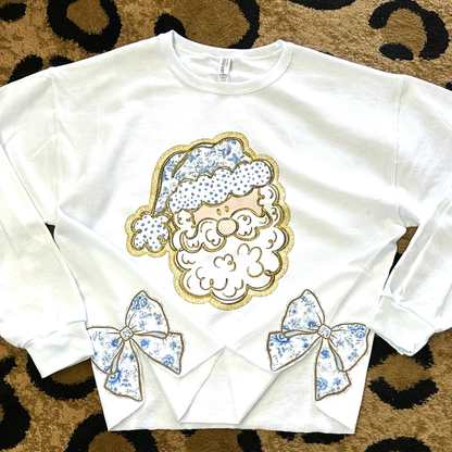 Blue Toile Santa Side Bow Sweatshirt