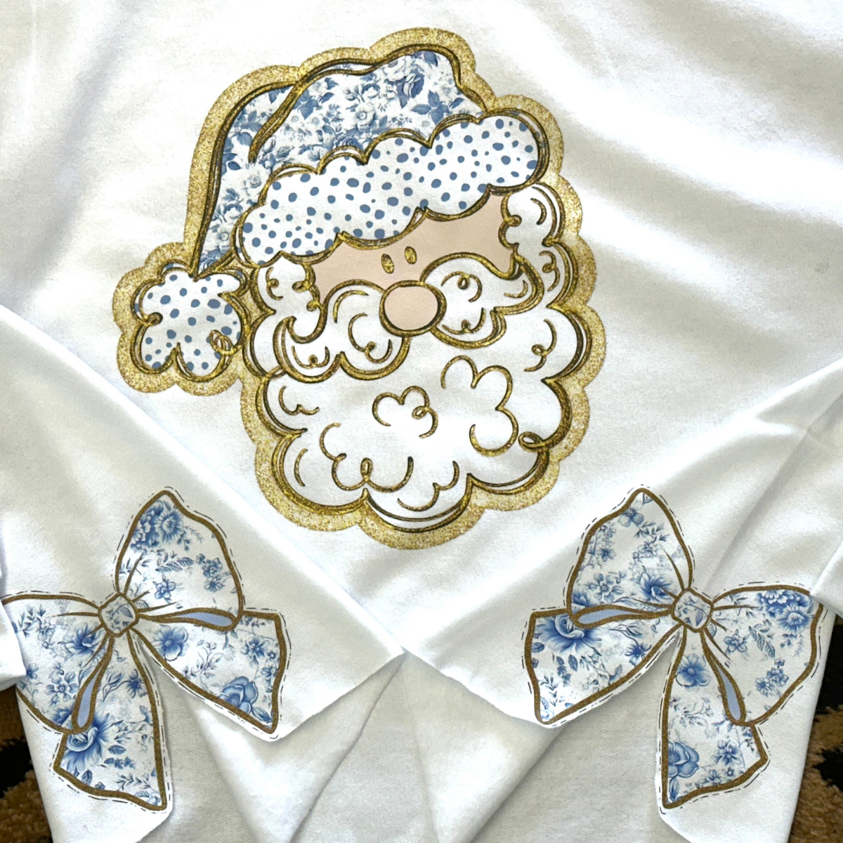 Blue Toile Santa Side Bow Sweatshirt