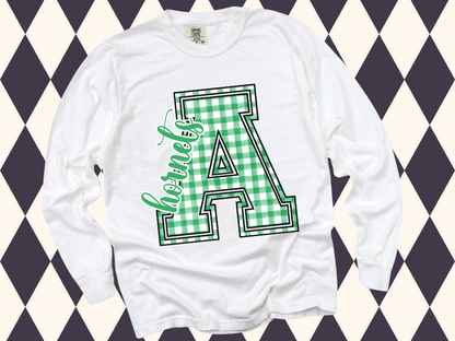 Game Day Gingham Letter with Mascot T-Shirt • Sweatshirt | Any Color • Any Team • Any Mascot