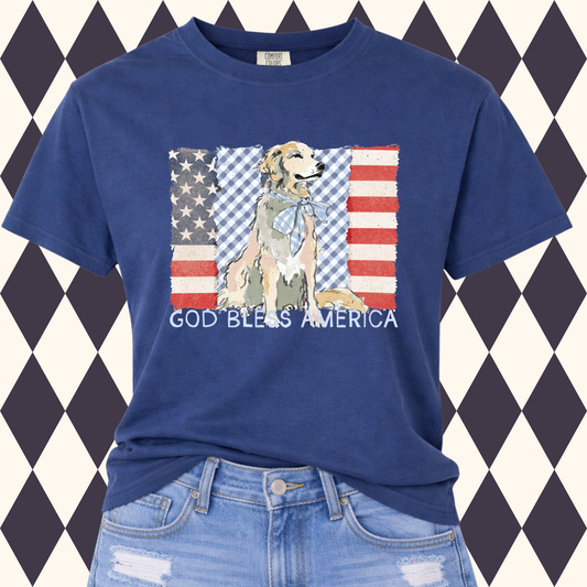 Gingham & Glory T-Shirt | Vintage Flag | Preppy Gingham Patriotic  | Golden Retriever