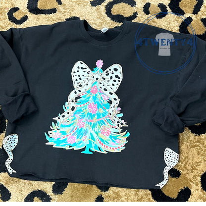 Shirts - Watercolor Christmas Tree Coquette Side Bow Sweatshirt (Black)