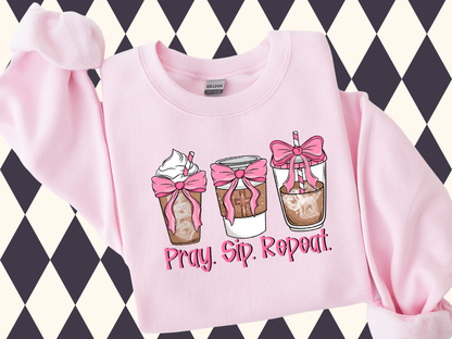 Pray. Sip. Repeat. Sweatshirt - Faith Based Shirt | Christian Spirit Wear | Prayers and Lattes