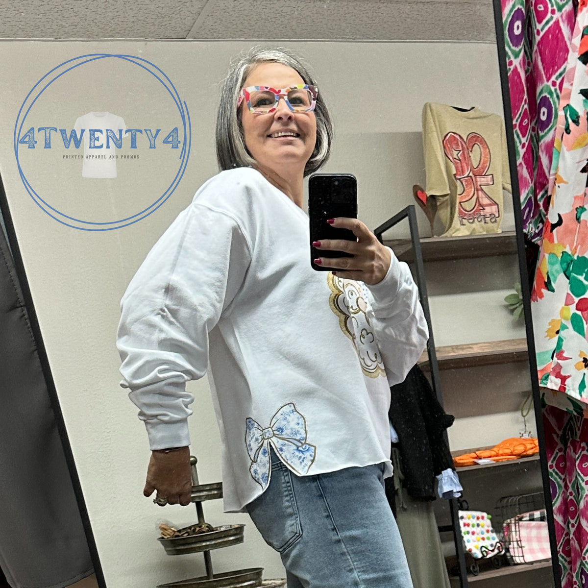 Shirts - Blue Toile Santa And Side Coquette Bow Sweatshirt