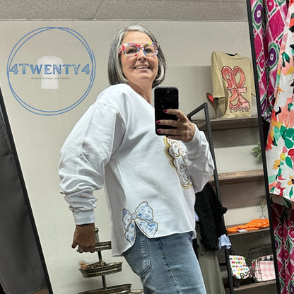 Shirts - Blue Toile Santa And Side Coquette Bow Sweatshirt