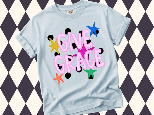 Give Grace T-Shirt | Maximalist Polka Dot & Star Shirt | Aesthetic Christian Boutique Apparel | Multi-Color Faith Top