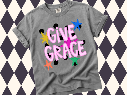Give Grace T-Shirt | Maximalist Polka Dot & Star Shirt | Aesthetic Christian Boutique Apparel | Multi-Color Faith Top