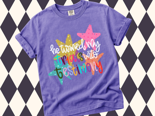 Trials Into Testimony T-Shirt | Maximalist Rainbow Star Graphic | Aesthetic Christian Boutique Shirt | Faith Apparel