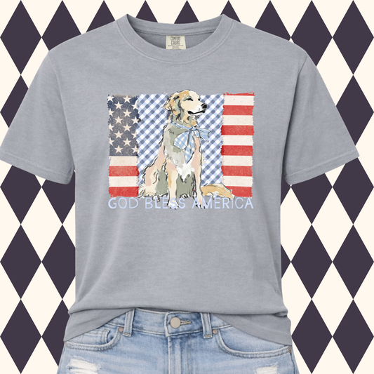 Gingham & Glory T-Shirt | Vintage Flag | Preppy Gingham Patriotic  | Golden Retriever