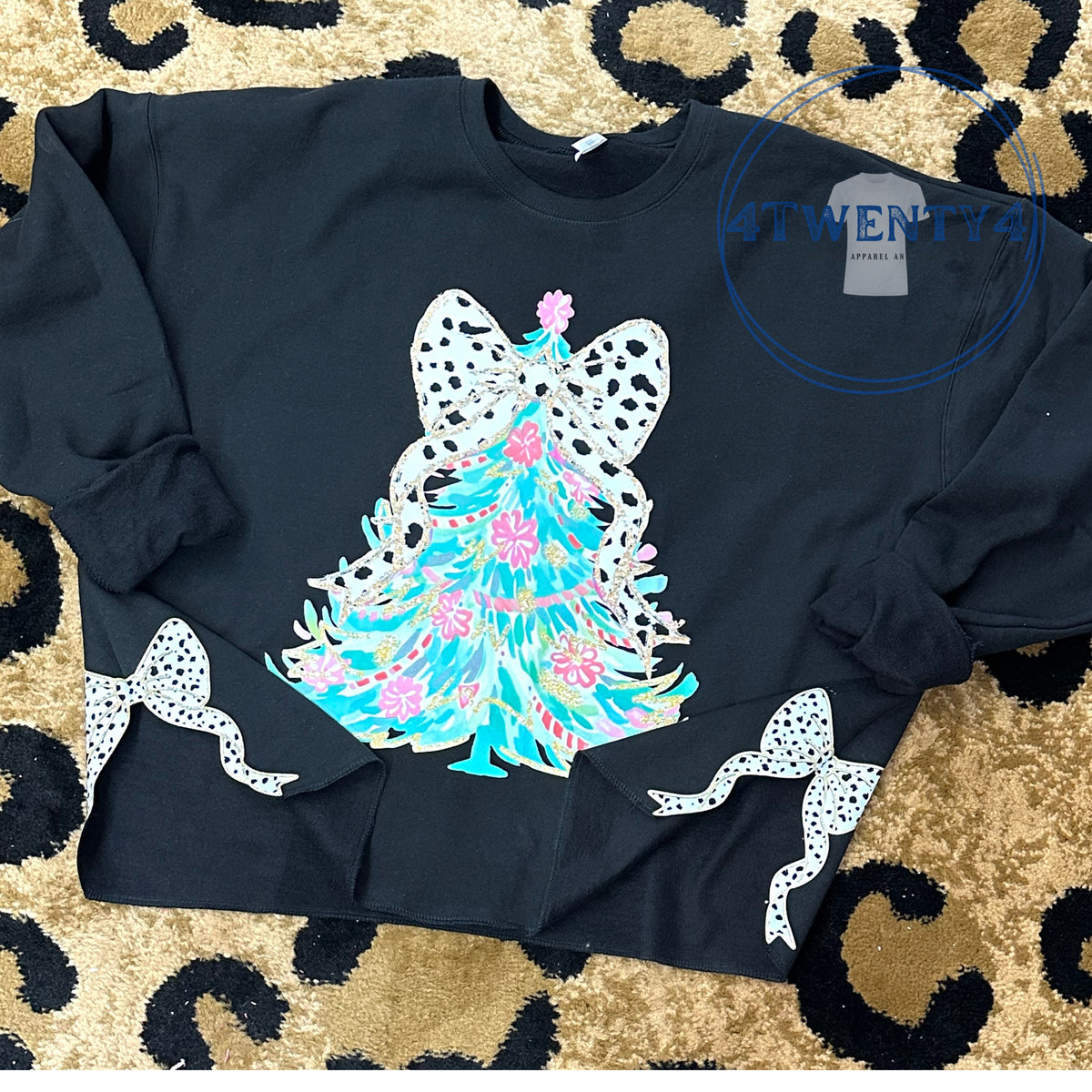 Shirts - Watercolor Christmas Tree Coquette Side Bow Sweatshirt (Black)