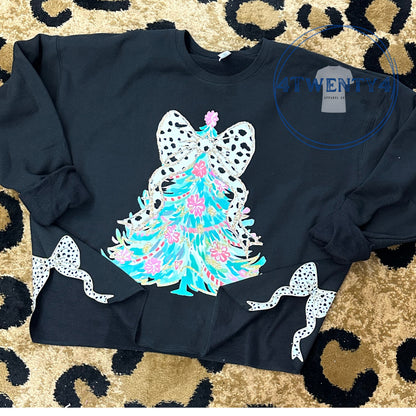 Shirts - Watercolor Christmas Tree Coquette Side Bow Sweatshirt (Black)