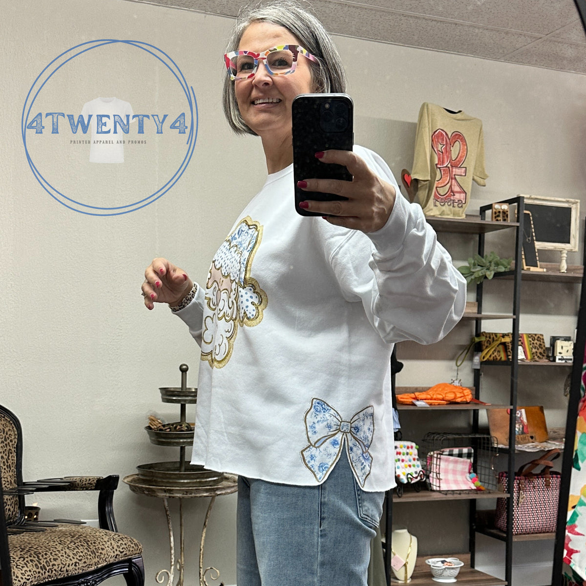 Shirts - Blue Toile Santa And Side Coquette Bow Sweatshirt