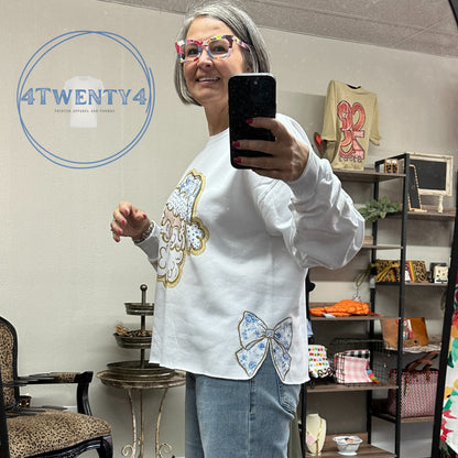 Shirts - Blue Toile Santa And Side Coquette Bow Sweatshirt