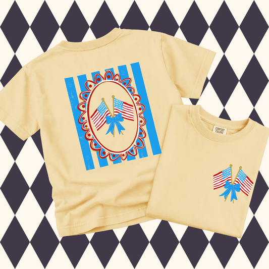 Flags & Bow Patriotic T-Shirt • Adult & Youth Sizes Available