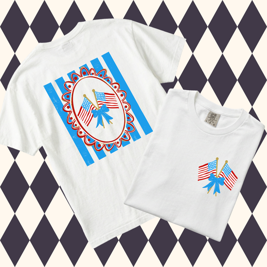 Flags & Bow Patriotic T-Shirt • Adult & Youth Sizes Available