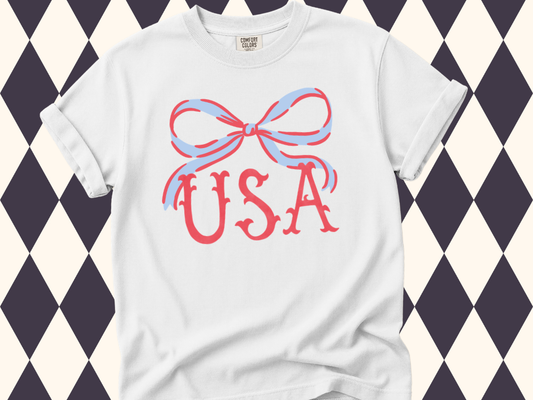 Preppy Liberty Ribbon USA T-Shirt | Patriotic Bow Shirt | Vintage Heritage