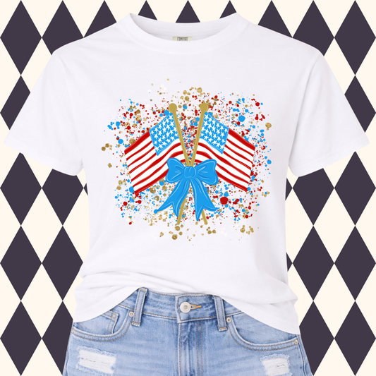 Crossed Flags & Bow Patriotic T-Shirt & Tank • Adult & Youth Sizes Available