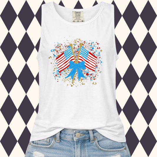 Crossed Flags & Bow Patriotic T-Shirt & Tank • Adult & Youth Sizes Available