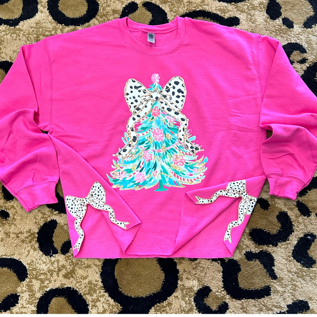 Watercolor Christmas Tree with Side Bow Sweatshirt - Pink