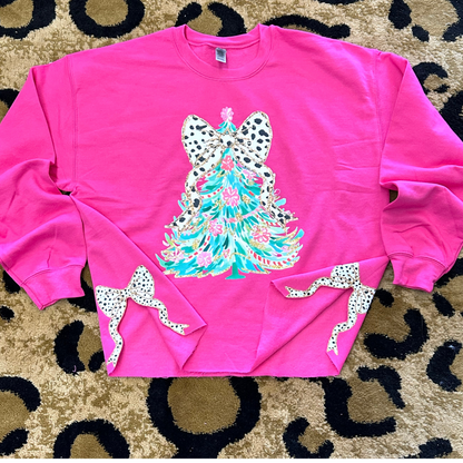 Watercolor Christmas Tree with Side Bow Sweatshirt - Pink