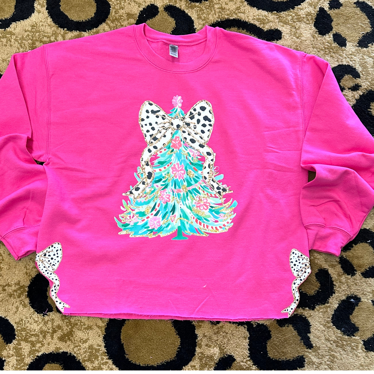 Watercolor Christmas Tree with Side Bow Sweatshirt - Pink