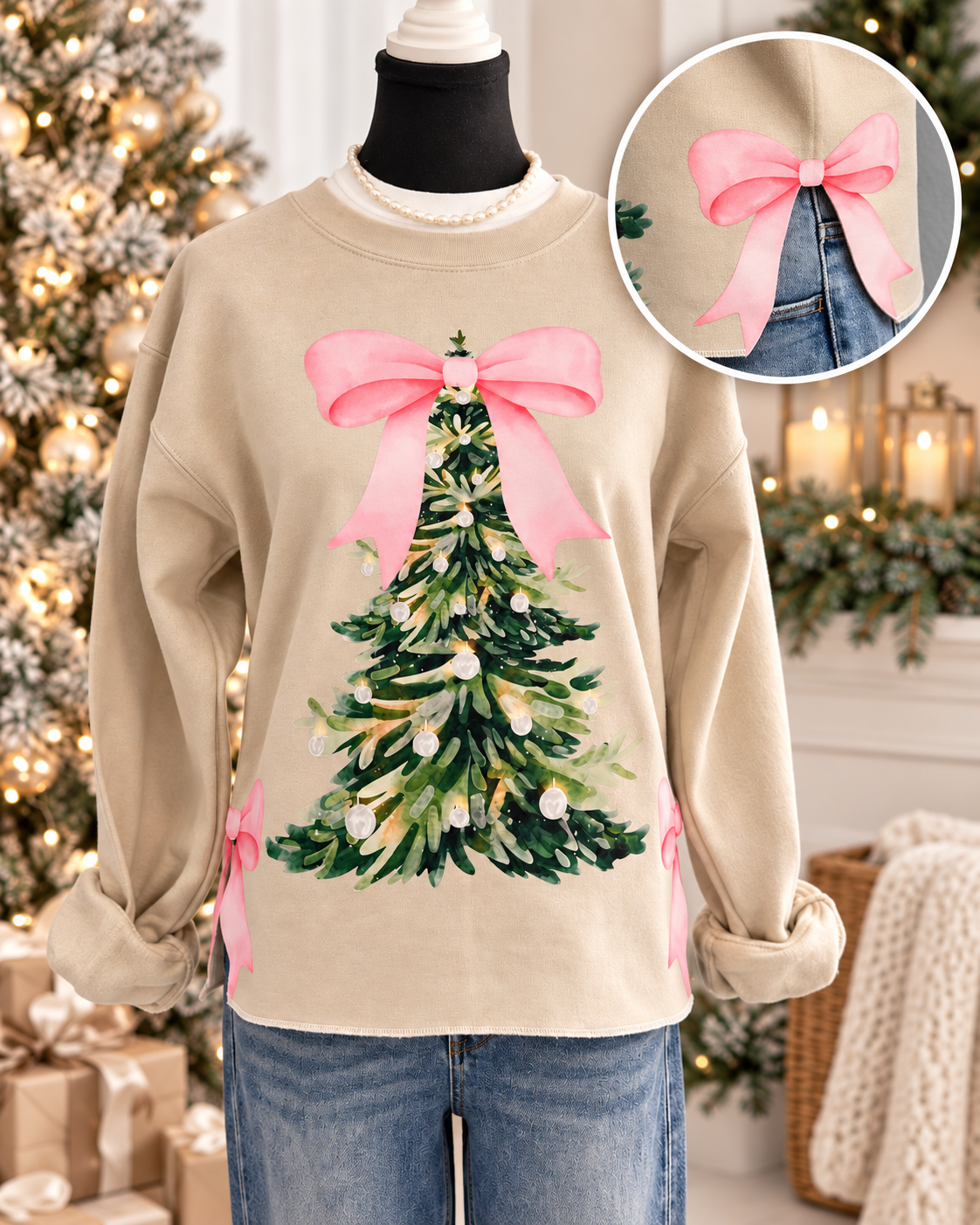 Pretty In Pink Christmas Tree Side-Bow Sweatshirt