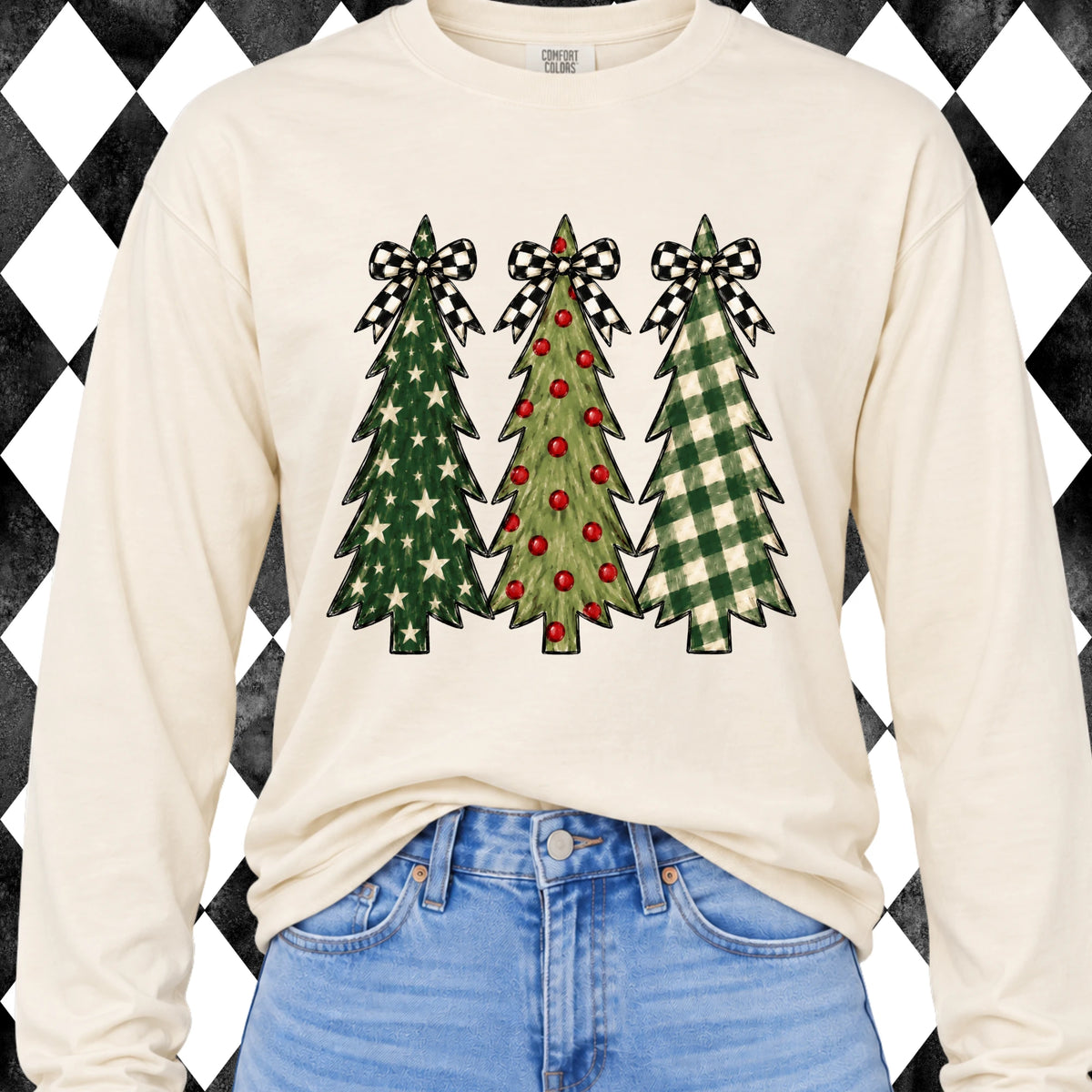 Checkered Bow Christmas Trees long sleeve tee - Comfort Colors Ivory