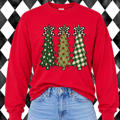 Checkered Bow Christmas Trees long sleeve tee - Comfort Colors Red