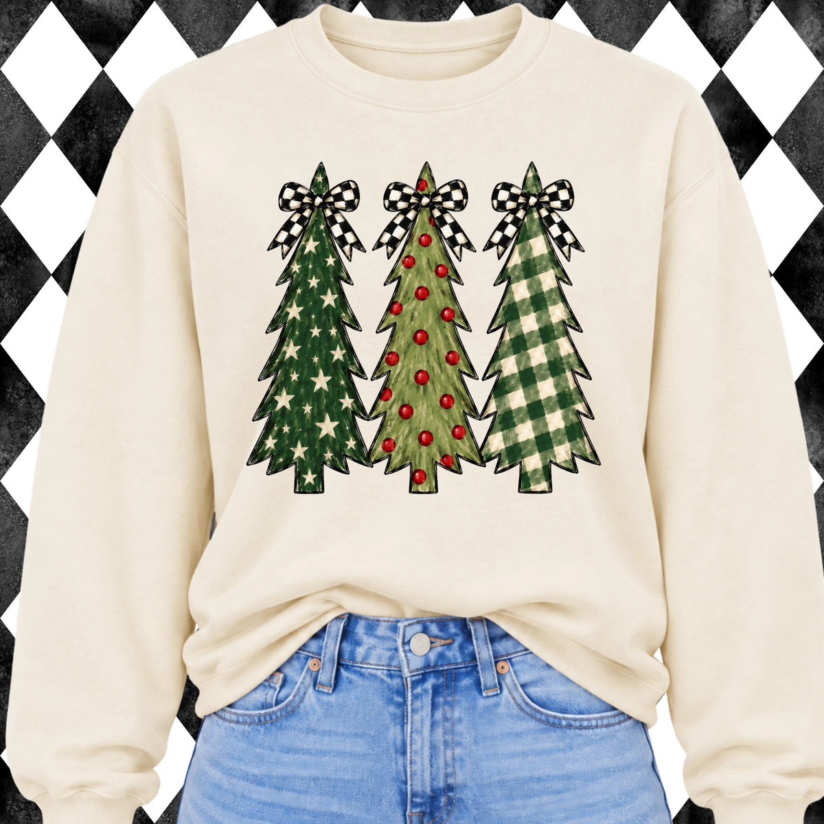 Checkered Bow Christmas Trees sweatshirt - Ivory