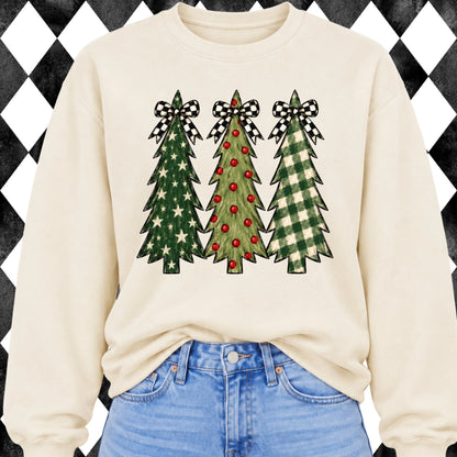 Checkered Bow Christmas Trees sweatshirt - Ivory
