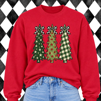 Checkered Bow Christmas Trees sweatshirt - Red