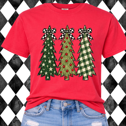 Checkered Bow Christmas Trees t-shirt - Comfort Colors Red